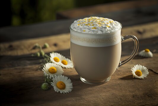 illustration of latte art cup chamomile tea latte cup on wooden table Generative Ai