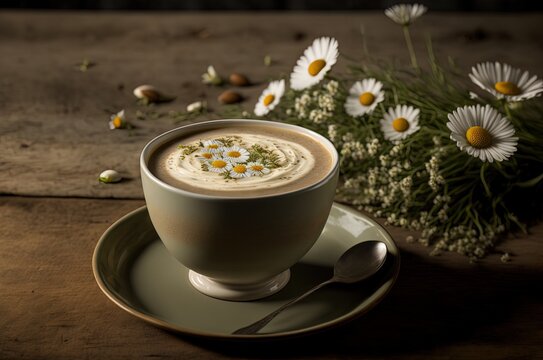 illustration of latte art cup chamomile tea latte cup on wooden table Generative Ai