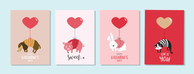Fototapeta na wymiar Cute animal with Valentine's day balloon.February 14. Design with cute animal.love, couple, heart, valentine,Vector illustrations.