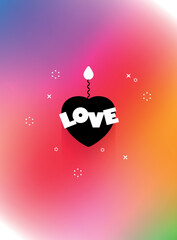 Bright Saint Valentine's card. Black  fuse and fire heart. Text LOVE. Abstract gradient background, rainbow pattern banner, party invitation. Explosive passion concept. Hot love vector illustration - 564610917