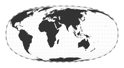 Vector world map. Waldo R. Tobler's hyperelliptical projection. Plain world geographical map with latitude and longitude lines. Centered to 60deg W longitude. Vector illustration.