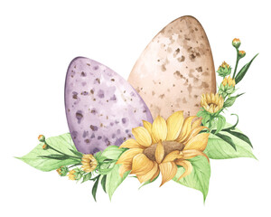 Easter floral composition with flowers and eggs. Flower bouquet. Watercolor illustration. Happy Easter card.