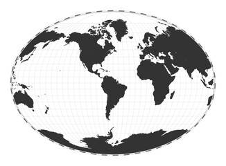 Vector world map. Fahey pseudocylindrical projection. Plain world geographical map with latitude and longitude lines. Centered to 60deg E longitude. Vector illustration.