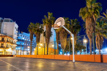 Night scenery of a basketball court in the Port area of Valencia, Spain.
