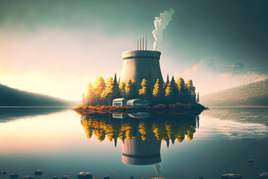 nuclear power plant with large nuclear reactor stands on shore of reservoir