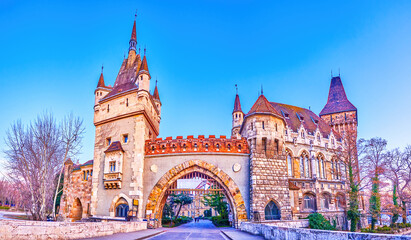 Panorama of Vajdahunyad Castle in City Park of Budapest, Hungary