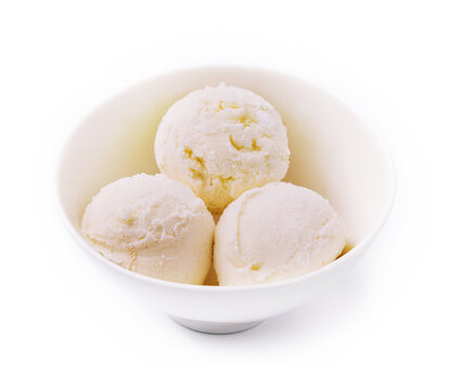 Sweet creamy ice cream in bowl on white