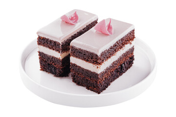 piece of chocolate cake with pink cream