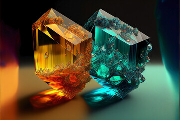 Healing crystals full of energy. Precious stones for spiritual healing ritual. Awaken spiritually. Orange and green kit of crystals for meditation. Refracting gems of spiritual light. Ai generated.