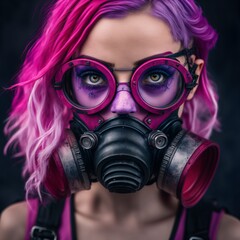 woman with a gasmask and pink hair in the smoke, fictional person made with generative ai - obrazy, fototapety, plakaty