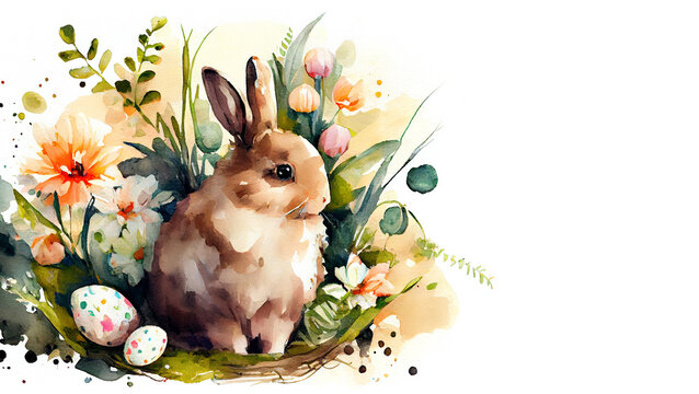 Watercolor painting of rabbit banner with copy space as illustration of Easter bunny hiding eggs in flowers for egg hunt generative AI art