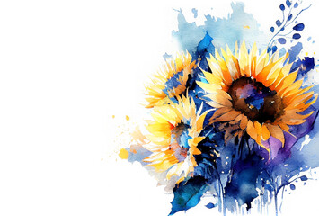 Yellow and blue sunflowers in splashes of watercolor as Ukraine flag colors and Ukrainian culture symbol  generative AI art banner with copy space - 564615100