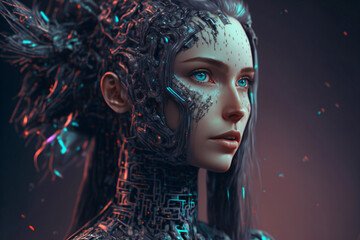 female cyborg, neon blue technology background, digital illustration made with generative ai
