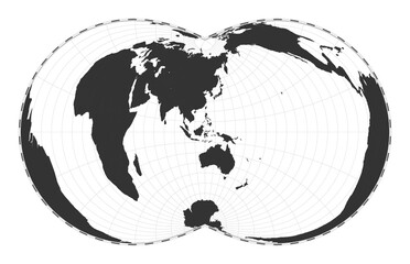 Vector world map. Rectangular (War Office) polyconic projection. Plain world geographical map with latitude and longitude lines. Centered to 120deg W longitude. Vector illustration.