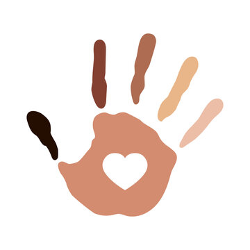 Handprint With A Heart And Fingers Of Various Skin Colors. Symbol Racial Equality And Diversity. International Day For The Elimination Of Racial Discrimination. Vector Illustration