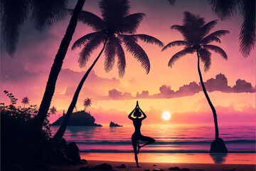 A silhouette of a woman practicing yoga in a beautiful beach with palm trees at sunset. generative ai