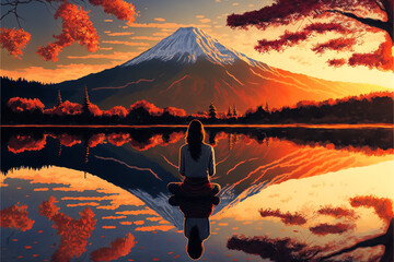 A woman meditating in front of a mountain at sunrise in autumn. generative ai