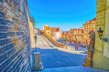 Radnicke schody (Town hall stairs) connecting Mala Strana and Hradcany on the top in Prague, Czechia