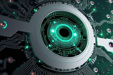 Obraz premium Eye on circuit board and microchips closeup generative ai 