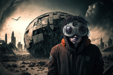 Person wearing futuristic mask in a dystopian landscape by generative AI