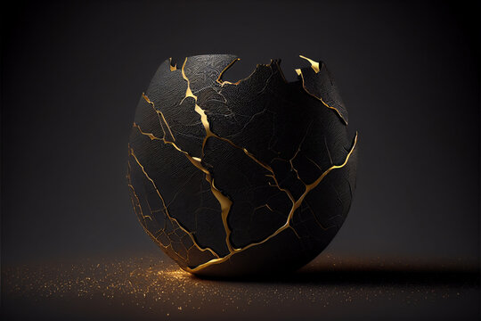 Gold Black Bowl, Golden Luxury Kintsugi Vase, Vantablack Mockup with Gold Metal Pattern, Generative AI Illustration
