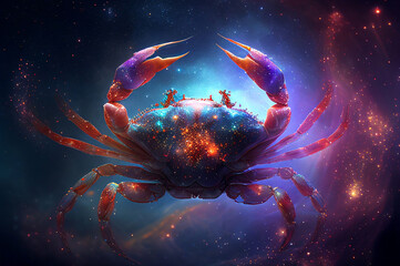 Cancer Zodiac Sign, Horoscope Symbol, Magic Astrology Crab in Fantastic Night Sky, Generative AI Illustration