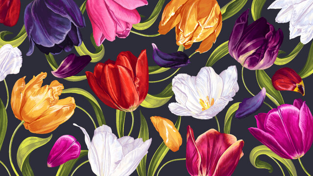 Vector background with multicolored tulip flowers. Highly detailed realistic hand-drawn inflorescences, petals, leaves for wallpapers, banners, social networks, personal blog, textile, clothing prints