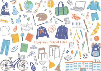 学校生活の文房具や道具のイラストセット（中学校・高校）