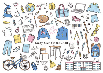 学校生活の文房具や道具のイラストセット（中学校・高校）