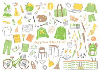 学校生活の文房具や道具のイラストセット（中学校・高校）
