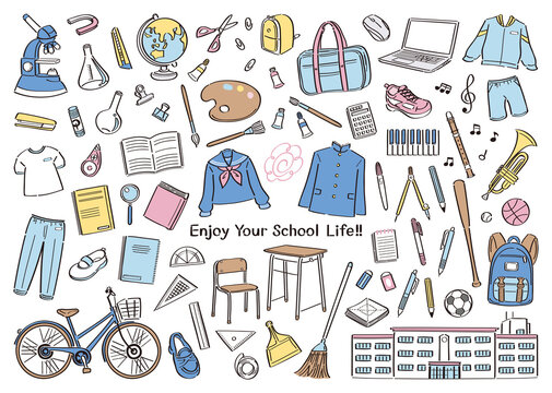 学校生活の文房具や道具のイラストセット（中学校・高校）