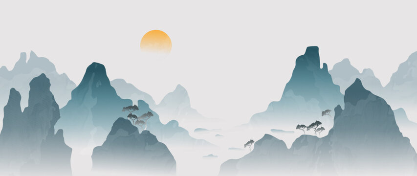 Vector mountain landscape with Chinese style background. Japanese watercolor painting with blue hills, trees in the fog. Oriental wallpaper design for wall art, print, decor, packaging.