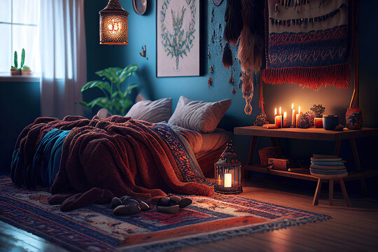 Hippie grunge bedroom, Generative AI