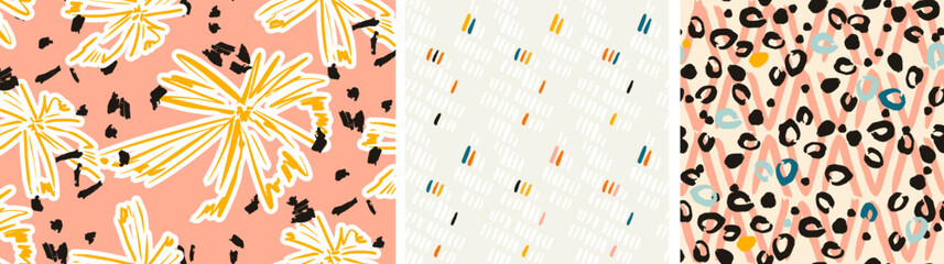 Minimal flower background, floral abstract texture seamless design set, geometric shape creative colorful collage.  ethnic plant, modern nature design, vibrant contemporary textile  art