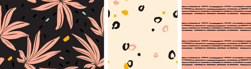 Collage contemporary floral and polka dot minimal design, abstract shapes seamless pattern set. Modern exotic lines boho design for paper, cover, fabric, interior decor