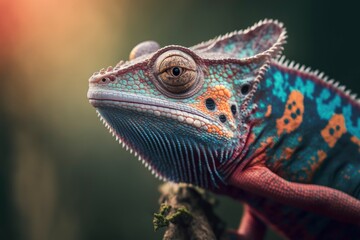 Fototapeta premium Chameleon close up potrait. Macro photo of chameleon. Beautiful chameleon on branch. Chameleon close up. Multicolor Beautiful Chameleon closeup reptile with colorful bright skin. generative ai
