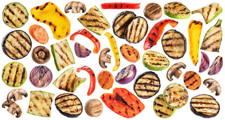 Grilled eggplants aubergine, carrots, zucchini, champignons, bell pepper, onion isolated on white background. Collection with clipping path.