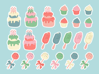set with confectionery in different colors. Vector with cupcake, popsicle, cake, cupcakes, cake