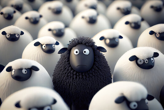 Cute black sheep among a flock of white sheep in farm. Generative AI