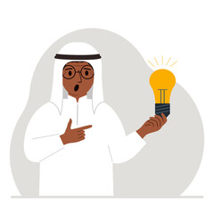 A man holds a light bulb in his hand. Idea concept, brainstorming, business, thinking, solution, eureka, task, bingo or answer search.