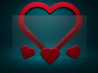 3d rendering of a template, rectangular translucent glass, red hearts behind and in front of glass, blue background