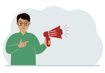 A man holds a loudspeaker or megaphone in his hand. Big sale, discount, breaking news or new collection concept for advertising or web banners.