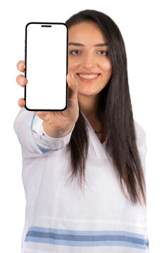 Woman holding a phone, transparent png image of woman holding a phone. Showing empty blank white screen of smartphone for mock up. Confident, smiling, caucasian, beautiful girl portrait.