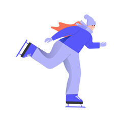 Woman in winter clothes is skating. Cartoon isolated character on white background. The concept of winter sports and recreation. Vector winter illustration.