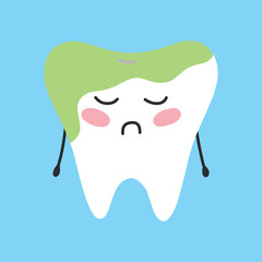Dirty tooth in kawaii style. Tooth character. Vecor illustration. Flat cartoon style.