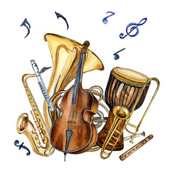 Composition of wind musical instruments and symbol watercolor illustration isolated. Djembe, horn, flute, tuba, contrabass hand drawn. Design element for flyer, concert events, brochure, poster, print