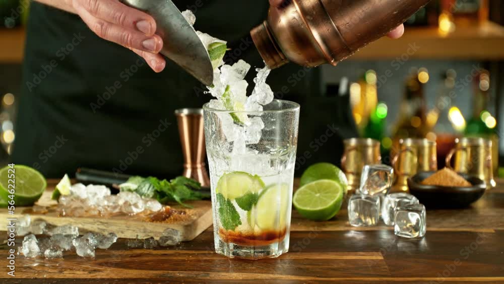 Aufkleber super slow motion of preparing mojito drink with speed motion. filmed on high speed cinema camera, 1