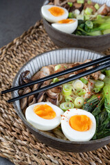 Asian noodle soup, ramen with chicken breast, vegetables, mushrooms and egg in bowls on gray concrete background. Front view from above, healthy eating concept