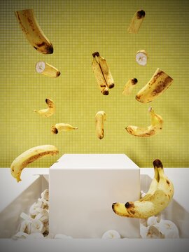 Mockup concept for kitchen elements presentation. White podium with falling fruits on yellow background.