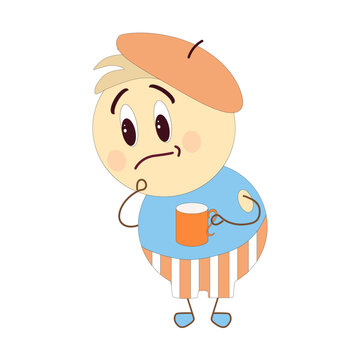 Cartoon character dressed in striped shorts and blue top wondering with red mug in hand. Vector illustration.